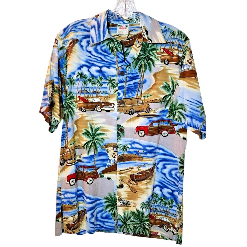 Go Barefoot Hawaiian Shirt – Woody Car‎ & Palm Print, USA Made, Size S